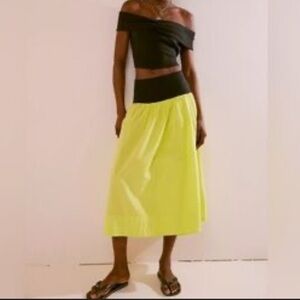 Free People Neon Yellow Wrap Midi Skirt Elastic Waistband Size S Eclectic